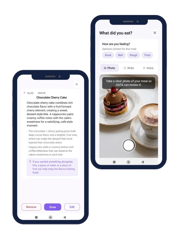 GATAlife app screens showing meal logging and reflections