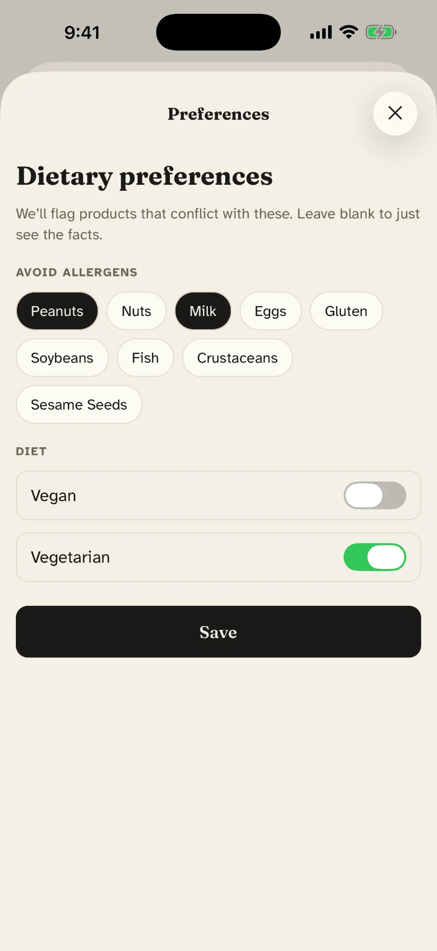 Dietary preferences screen with allergens and diet toggles