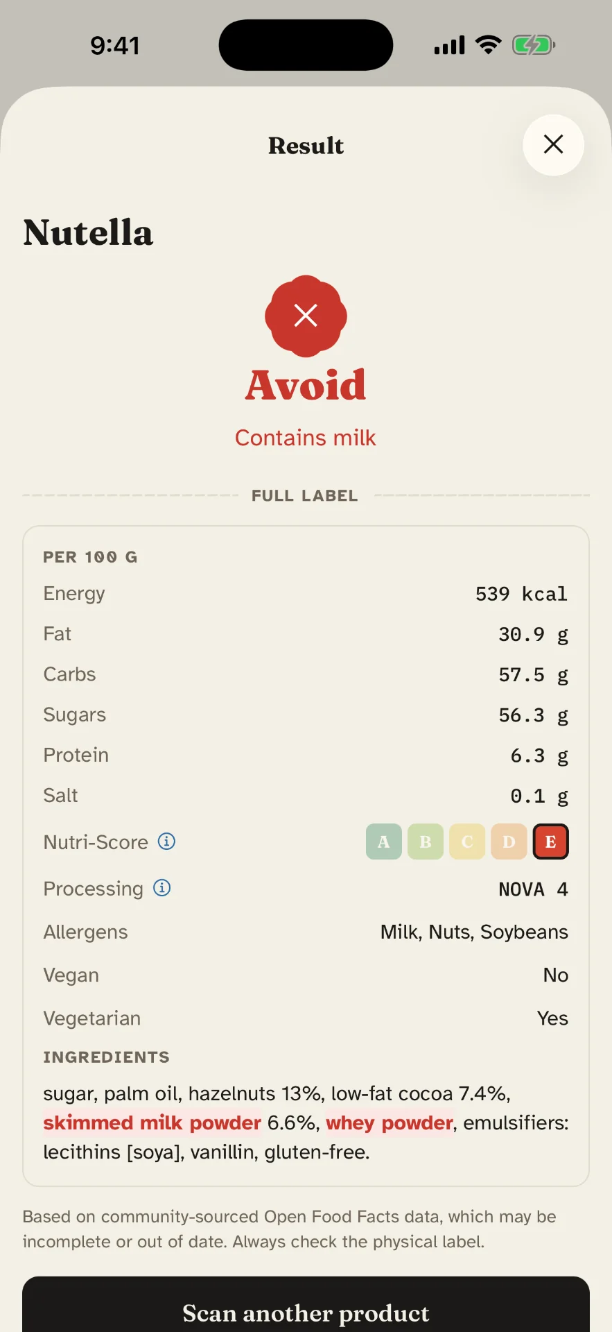 Result screen showing Avoid verdict for Nutella with milk allergen