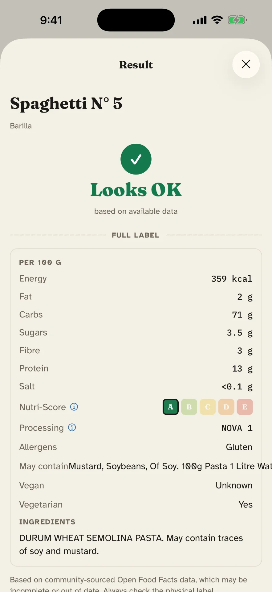 Looks OK verdict for Barilla Spaghetti